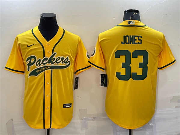 Men's Green Bay Packers #33 Aaron Jones Gold With Patch Cool Base Stitched Baseball Jersey